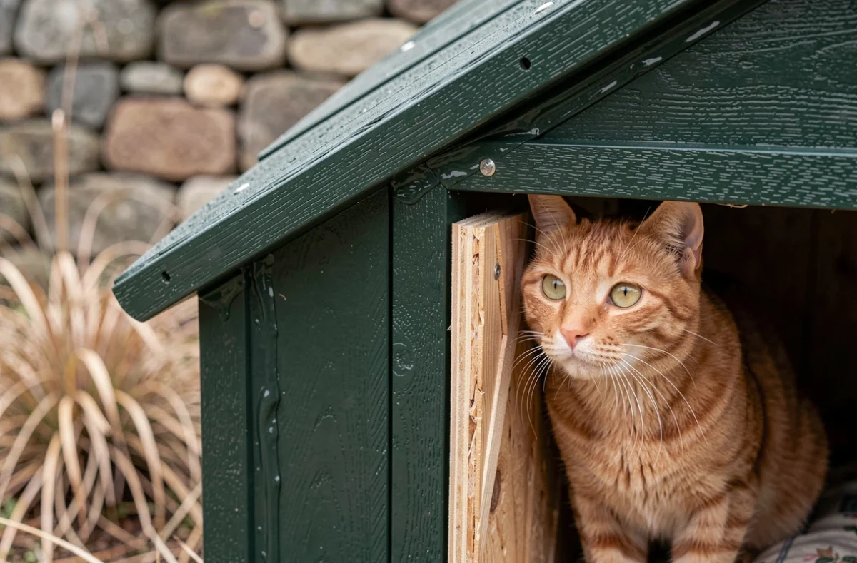 Détail de l'entrée déflectrice d'un abri chat extérieur imperméable pour bloquer le vent et les courants d'air, chat roux regardant depuis l'intérieur