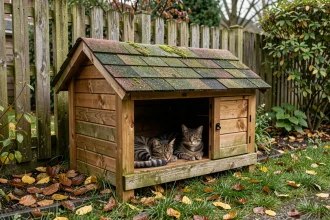 Abri chat extérieur en bois robuste avec toit en pente et plancher surélevé pour éviter l'humidité, deux chats tigrés au repos dans le jardin en automne
