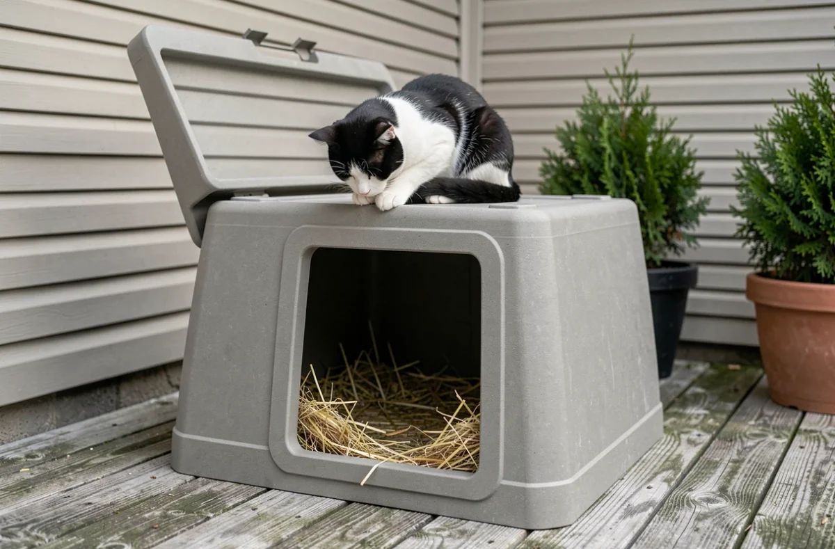 Abri chat extérieur isolé en polypropylène avec litière de paille sur une terrasse en bois, chat noir et blanc se toilettant sur le dessus de la cabane