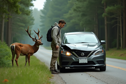 Homme inquiet près d'une voiture endommagée avec un cerf dans la forêt