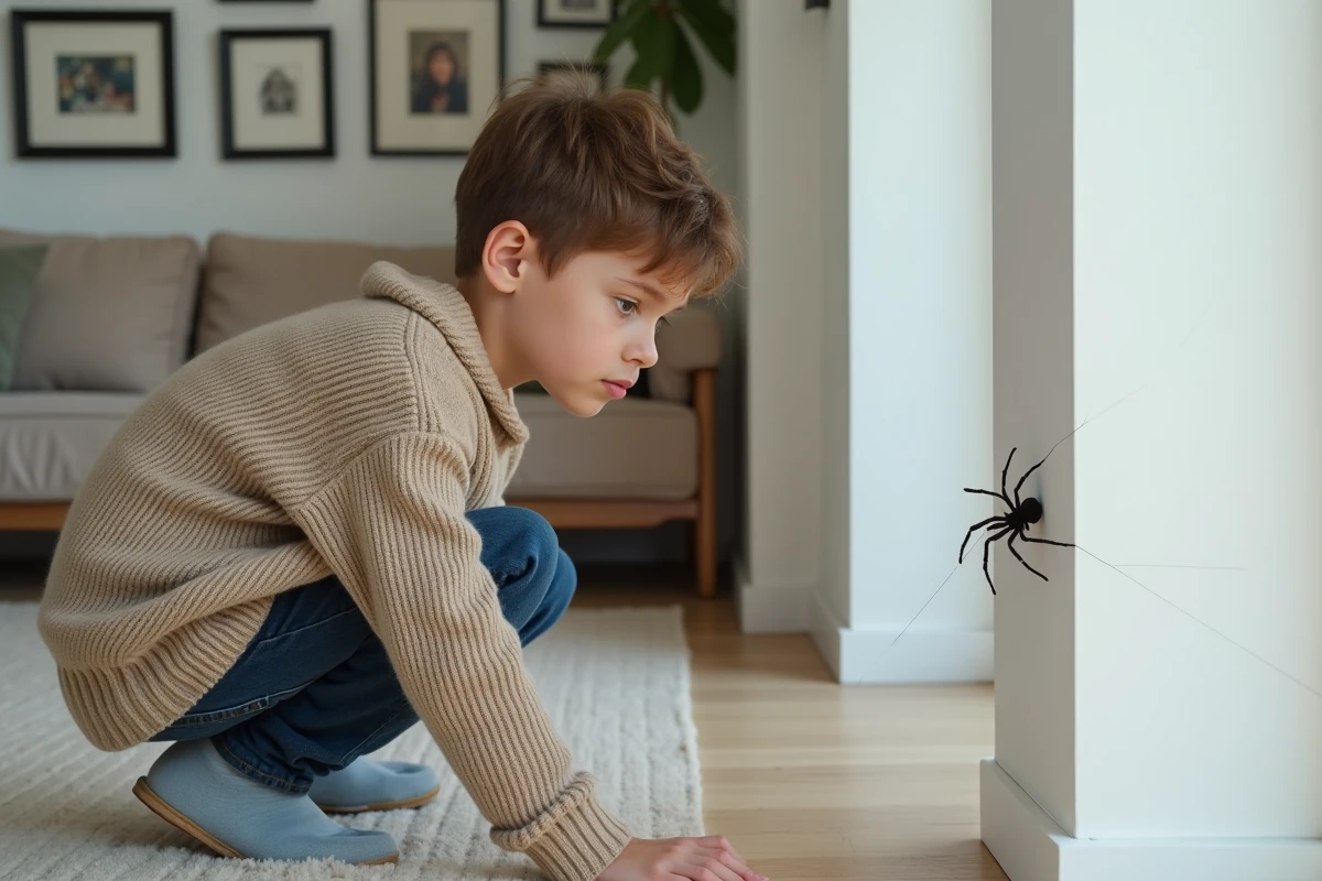 Adolescent observant une araignee tissant sa toile dans le salon