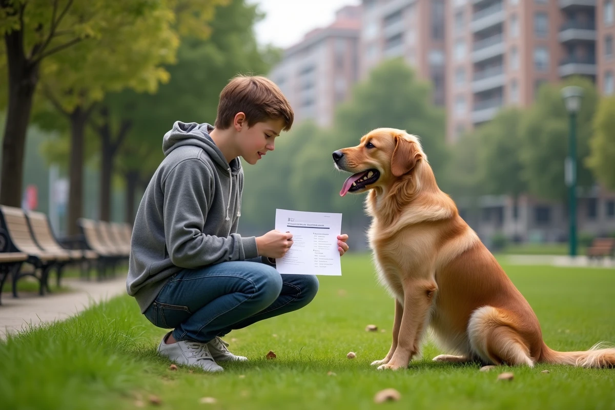 Adolescent avec son chien dans un parc urbain