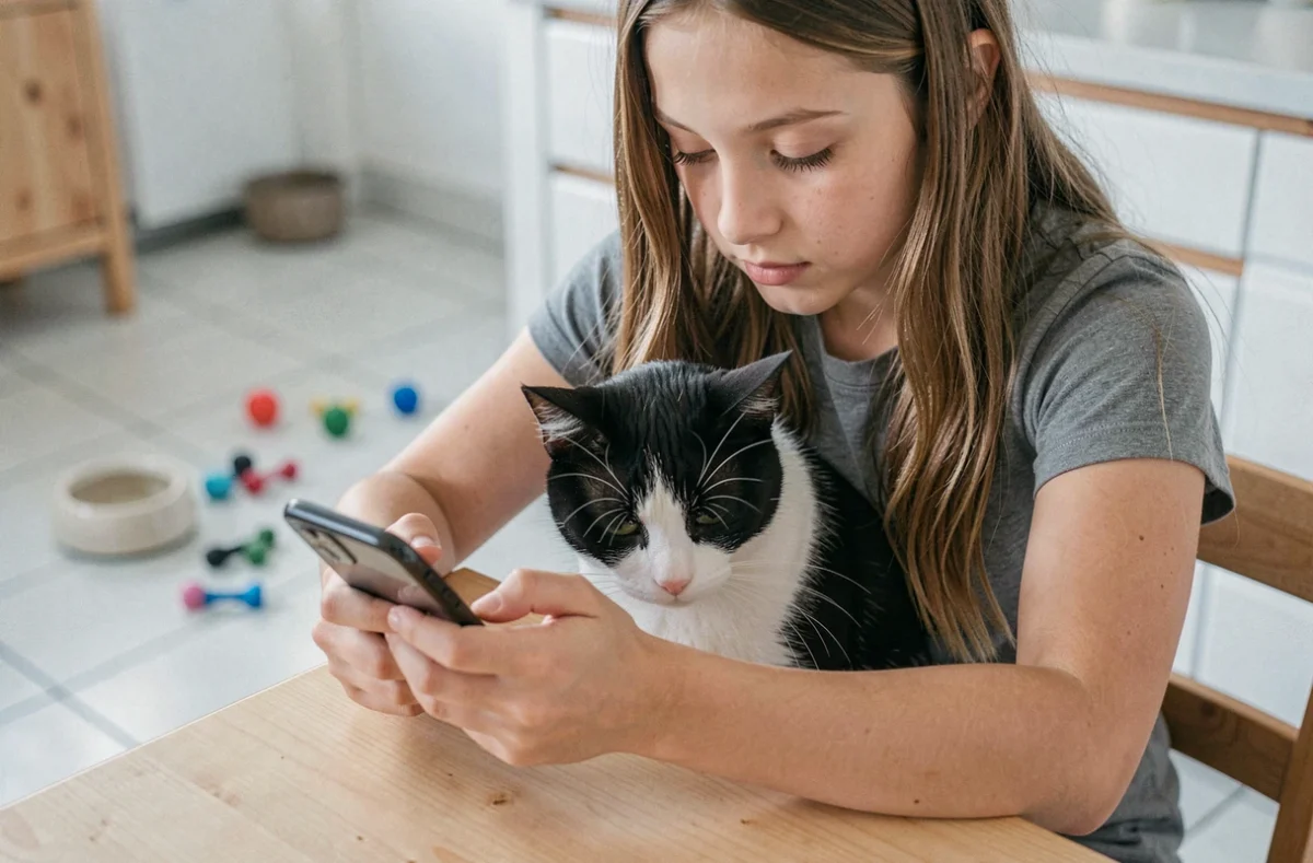 Adolescente consultant son smartphone avec un chat tuxedo noir et blanc dans une cuisine moderne