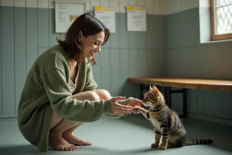 Femme adoptant un chaton dans un refuge animalier, posant des questions à l'éducateur félin