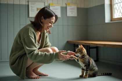 Femme adoptant un chaton dans un refuge animalier, posant des questions à l'éducateur félin
