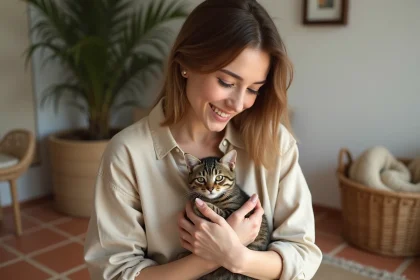 Jeune femme tenant un chaton tigré dans ses bras dans un intérieur chaleureux près de Toulon, préparant une adoption responsable