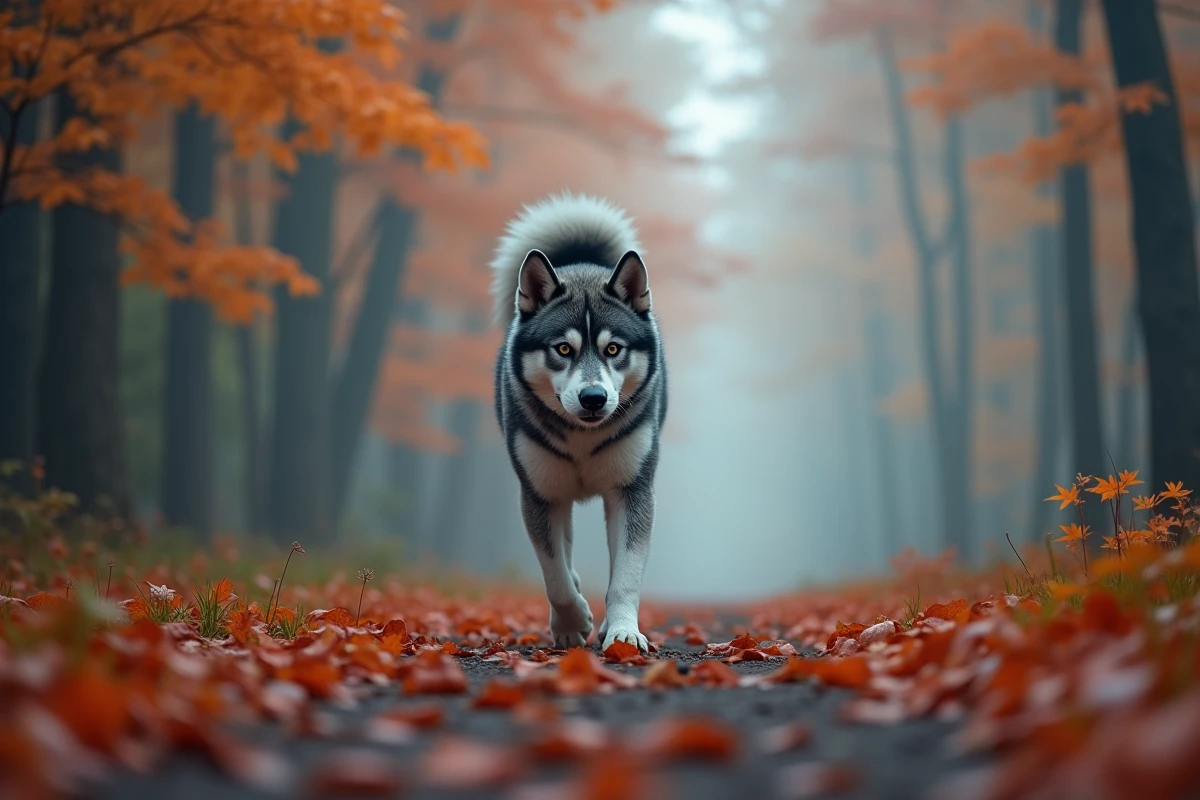 Akita Inu femelle bringée bleue marchant sur un sentier forestier automnal entouré de feuilles d'érable japonais colorées