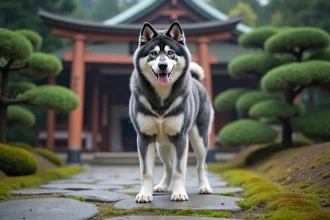Akita Inu bringé bleu adulte debout dans un jardin japonais traditionnel avec chemin en pierre et pins taillés