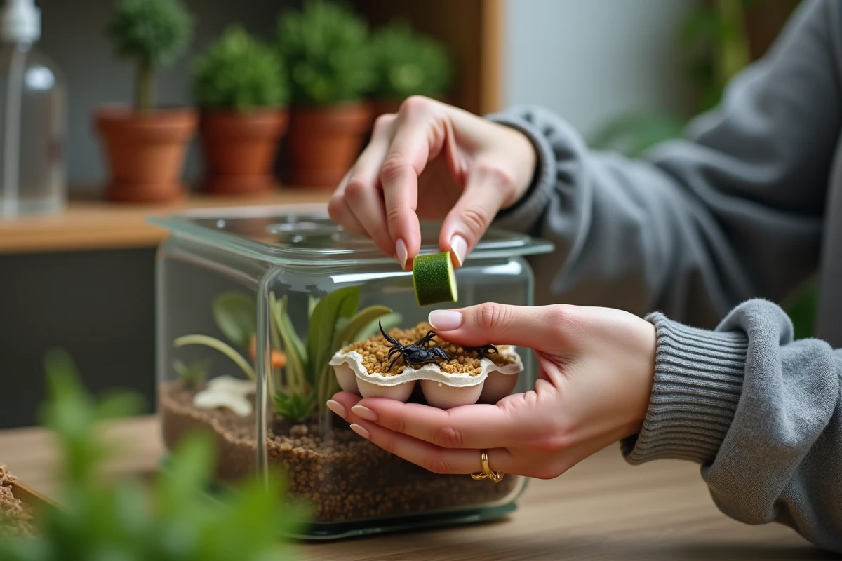 Mains d'une personne nourrissant des grillons dans un terrarium maison avec des légumes frais et des protéines en poudre