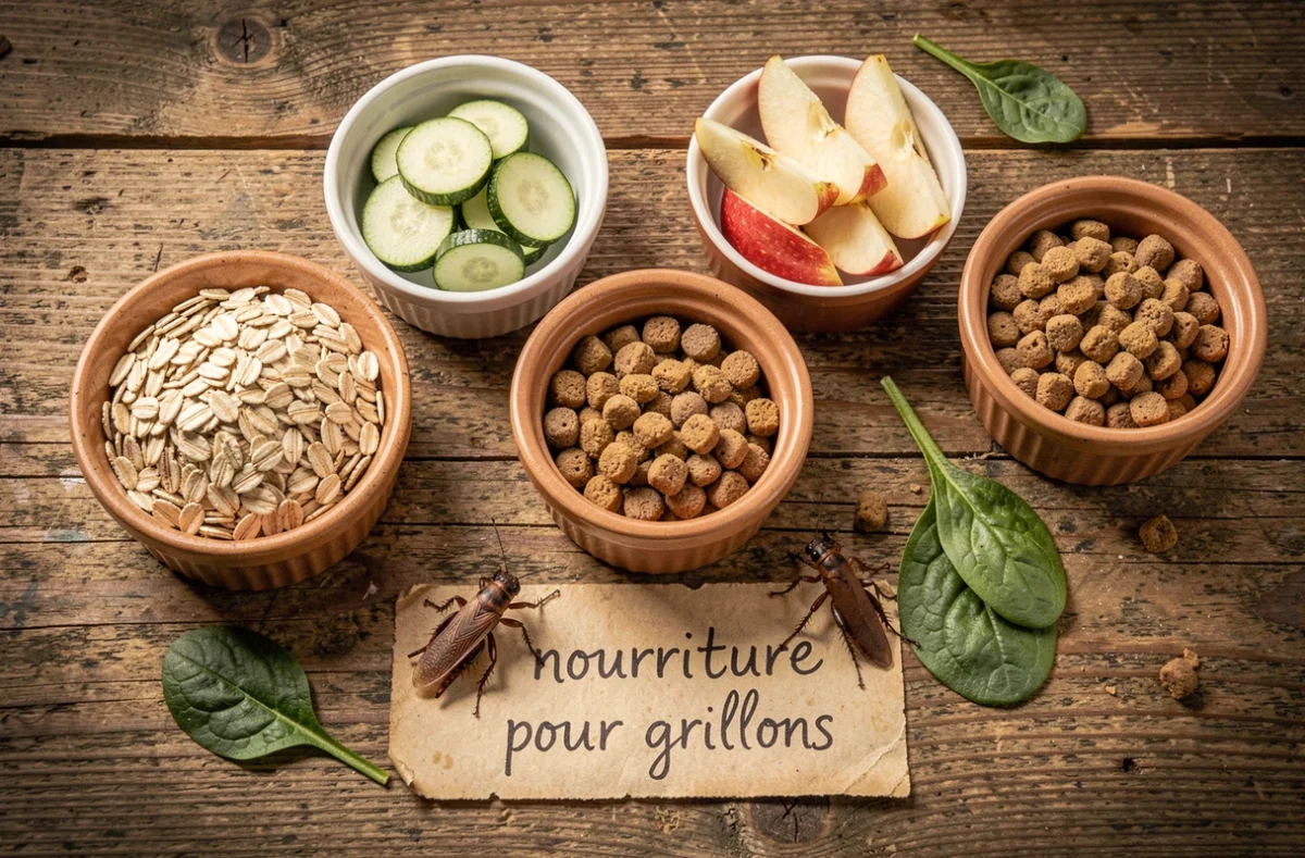 Vue de dessus de différents aliments simples pour grillons disposés en ramequins sur une table en bois