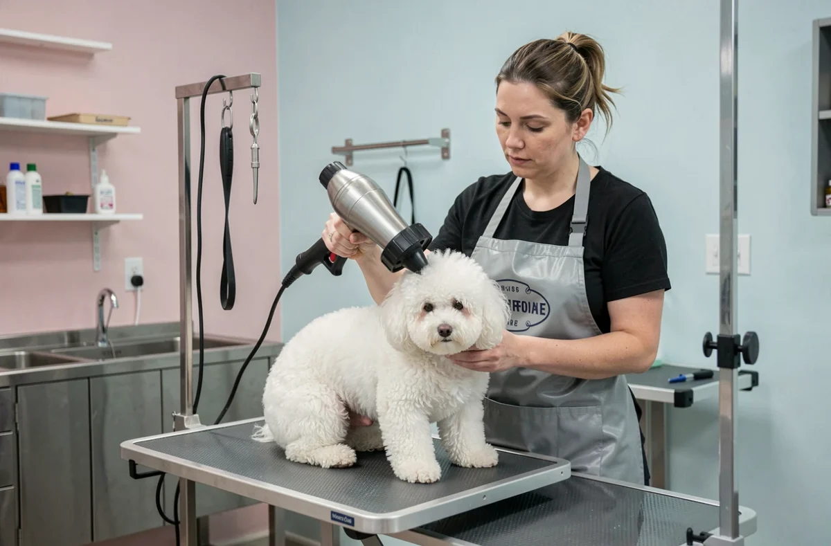 Toiletteuse soignant un bichon frisé dans le salon de pension et toilettage Amours De Chiens