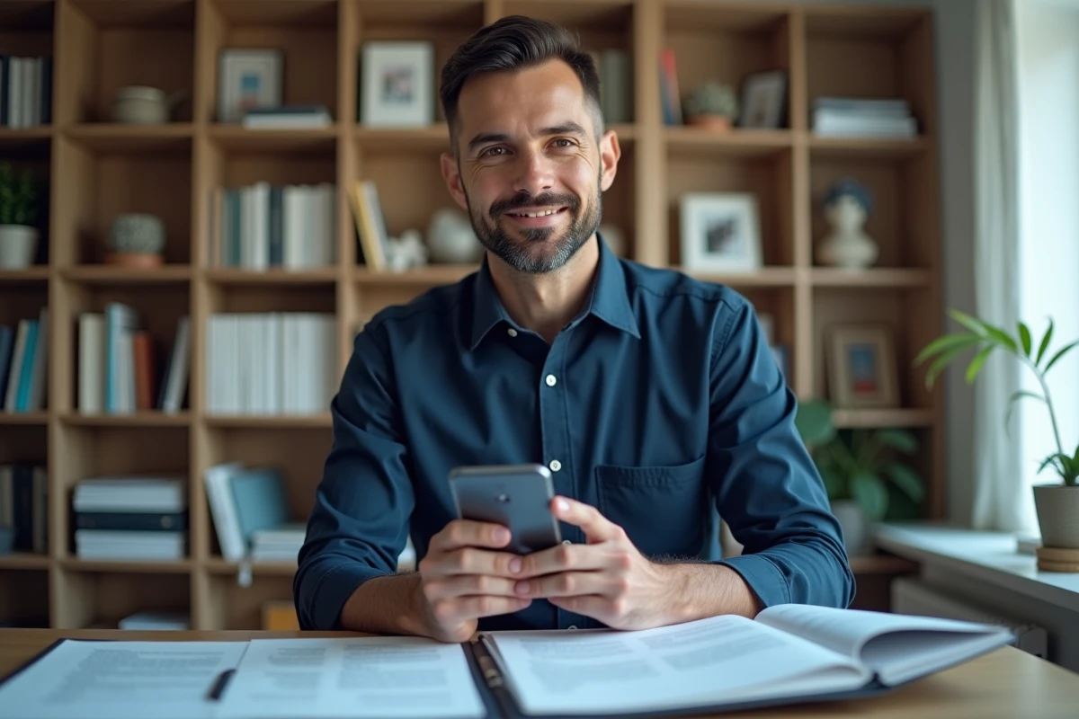 Homme consultant l'application mobile d'assurance pour animaux pour suivre un remboursement vétérinaire