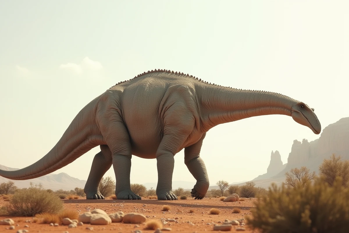 Argentinosaurus huinculensis, le plus lourd dinosaure connu, debout dans un paysage patagonien aride