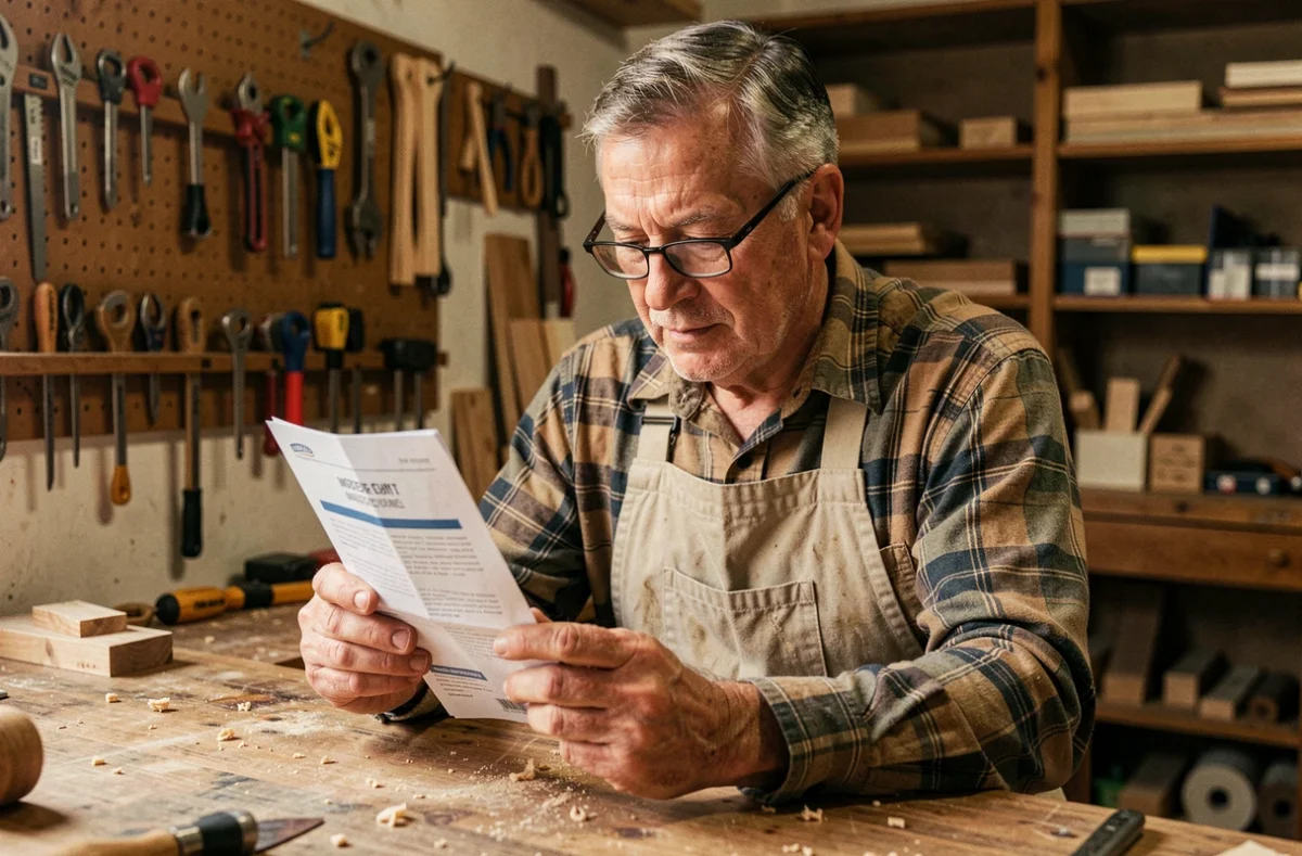 Artisan du bâtiment lisant une brochure d'assurance emprunteur Pro BTP dans son atelier