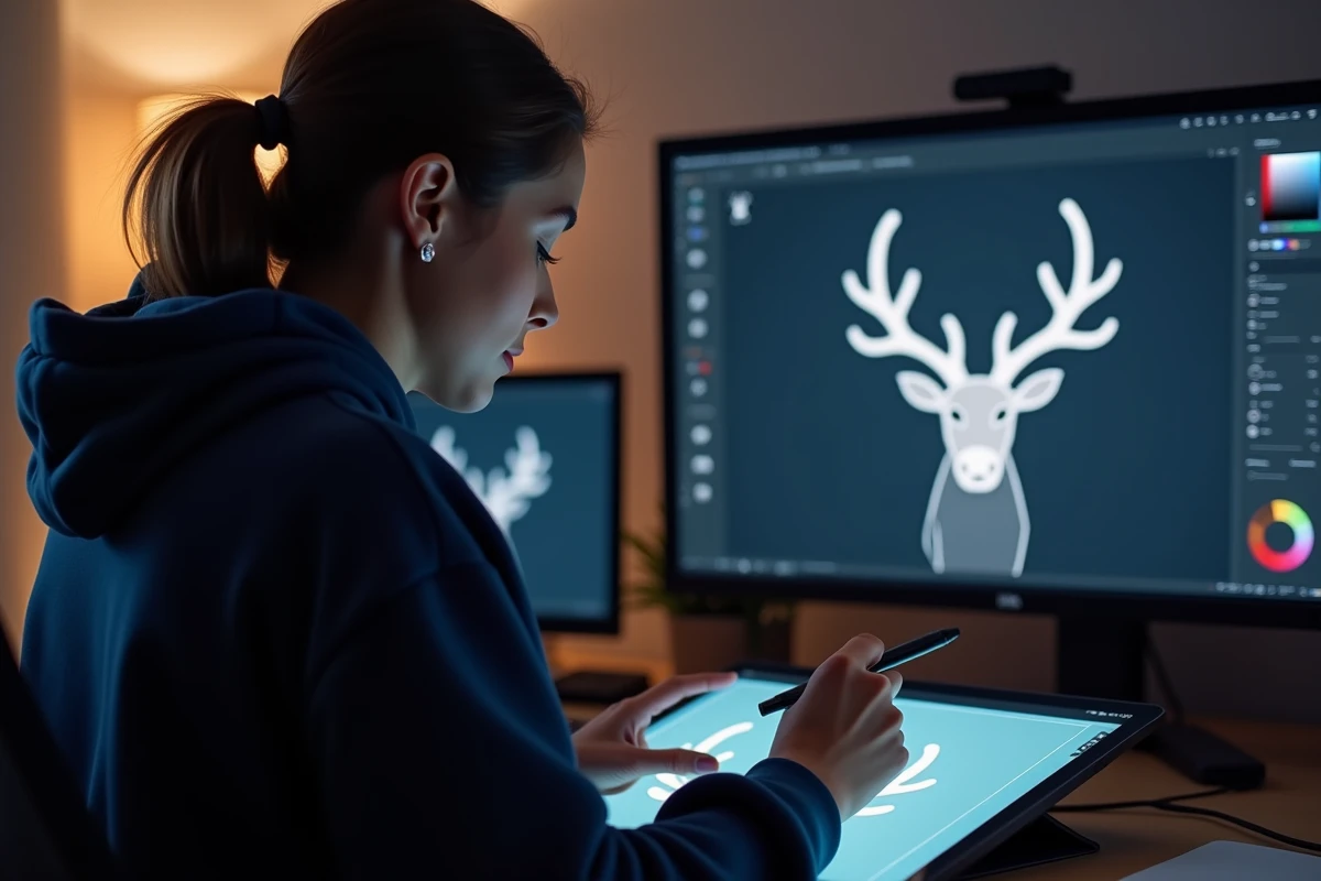 Artiste numérique travaillant sur une illustration vectorielle de tête de renne minimaliste sur tablette graphique dans un studio moderne
