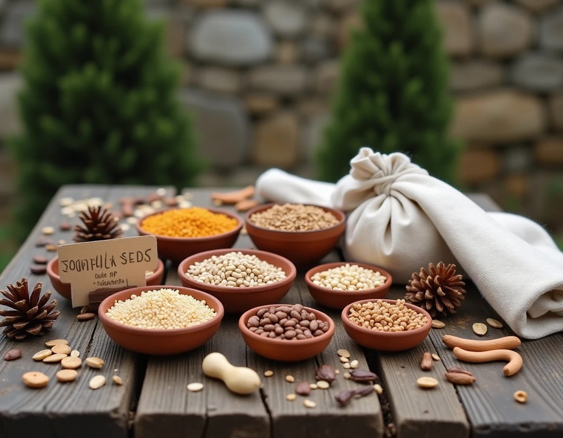 Assortiment de graines pour oiseaux du jardin disposées dans des bols en terre cuite sur une table en bois rustique en hiver