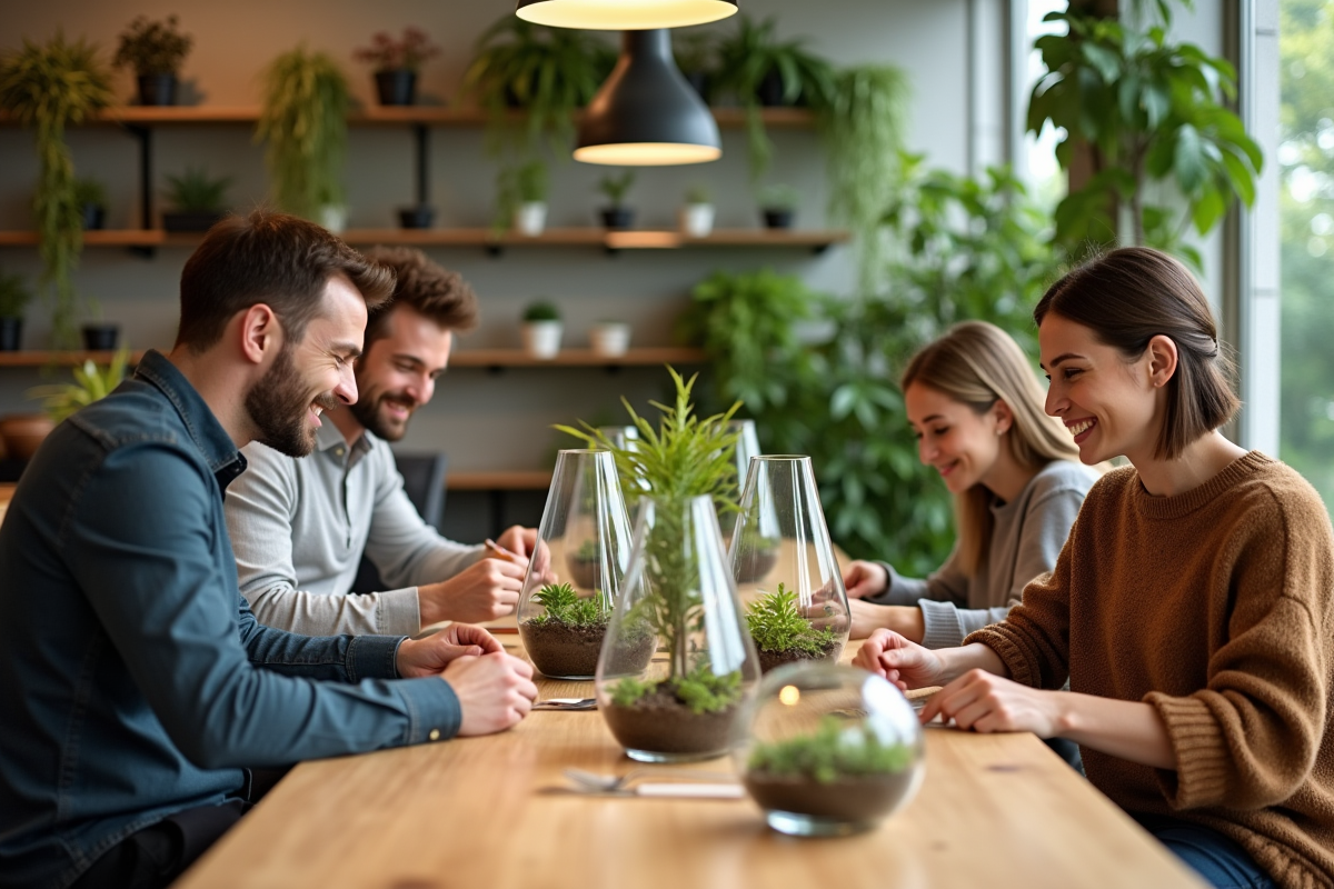 Groupe de personnes fabriquant des terrariums dans un café botanique