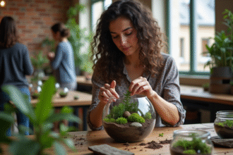 Jeune femme créant un terrarium dans un atelier parisien