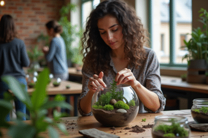 Jeune femme créant un terrarium dans un atelier parisien