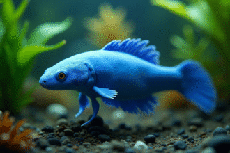 Axolotl bleu nageant dans un aquarium lumineux