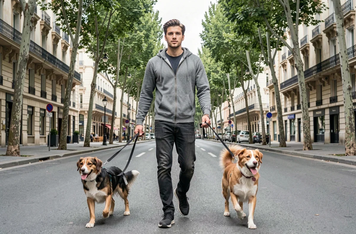 Promeneur canin de Baladog avec trois chiens dans une rue de Marseille