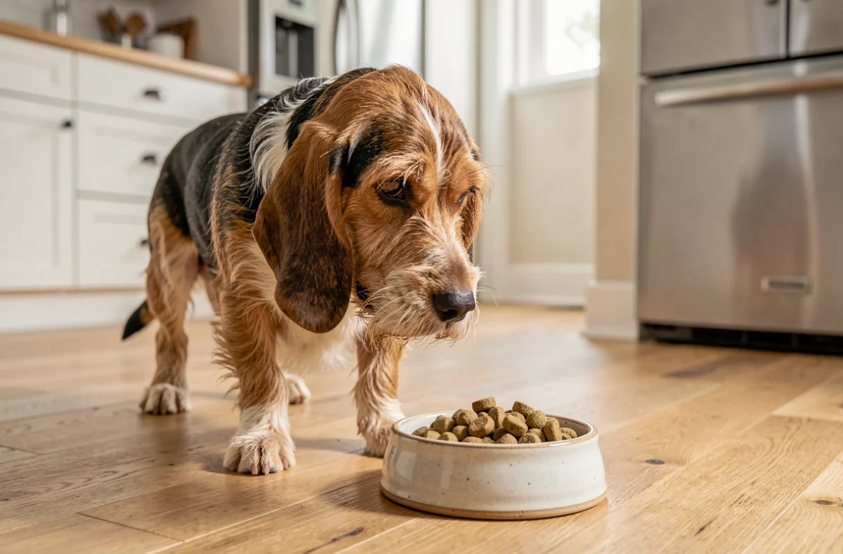 Basset Hound Griffon Vendéen regardant son bol de croquettes dans une cuisine, illustration de la gestion des portions pour éviter l'obésité