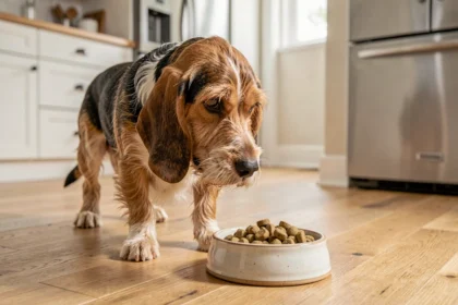 Basset Hound Griffon Vendéen regardant son bol de croquettes dans une cuisine, illustration de la gestion des portions pour éviter l'obésité