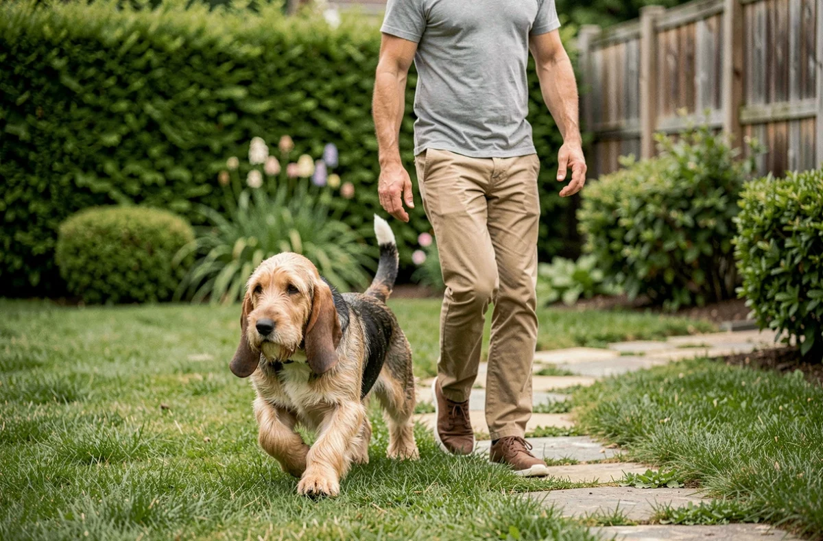 Basset Hound Griffon Vendéen en bonne santé se promenant dans un jardin avec son propriétaire, exemple de mode de vie actif contre l'obésité canine