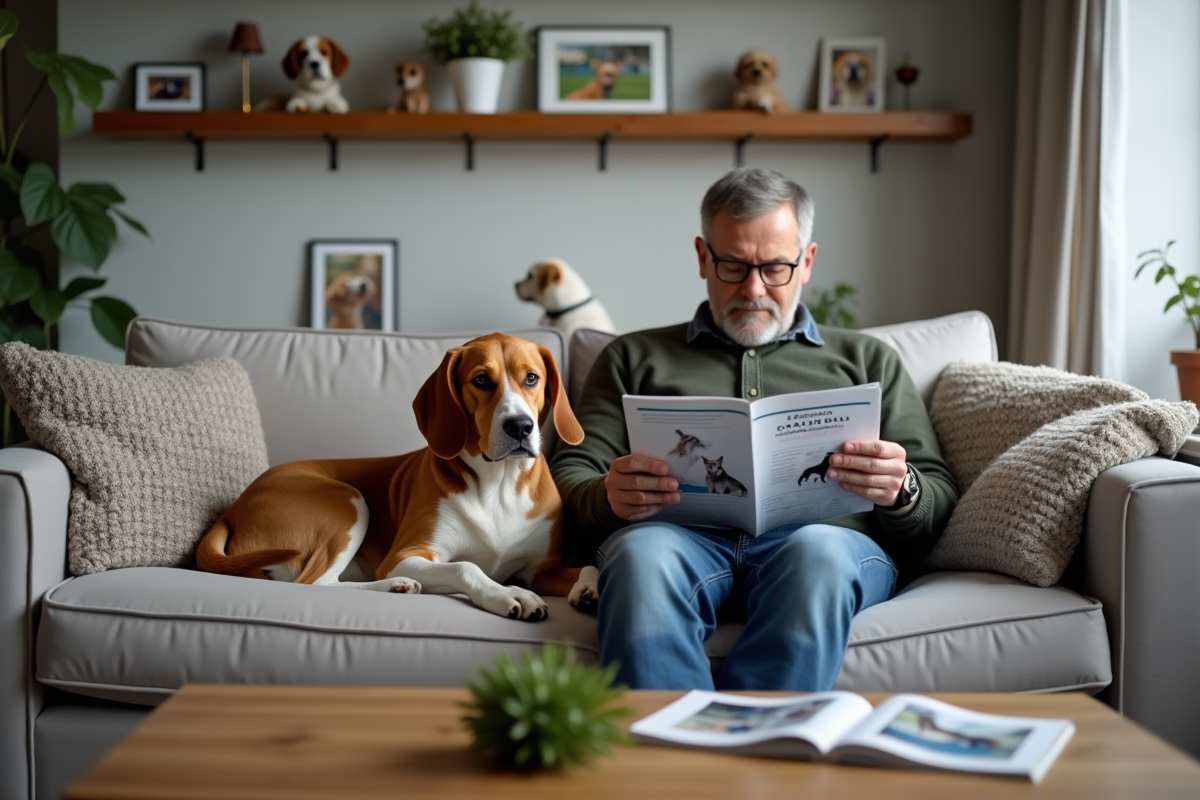 Beagle senior allongé sur un canapé avec un homme