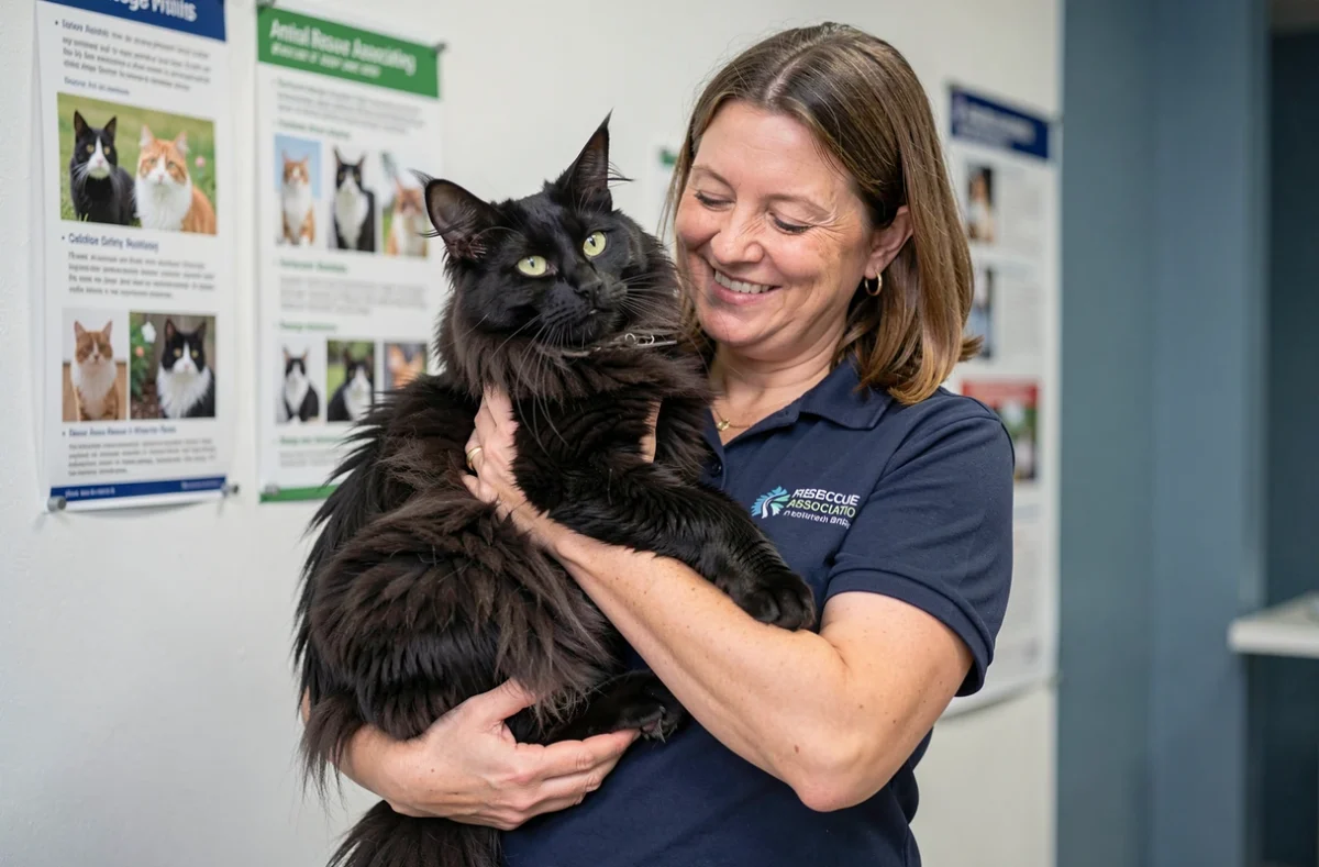 Bénévole d'une association féline tenant un Maine Coon black smoke dans ses bras lors d'une session d'adoption