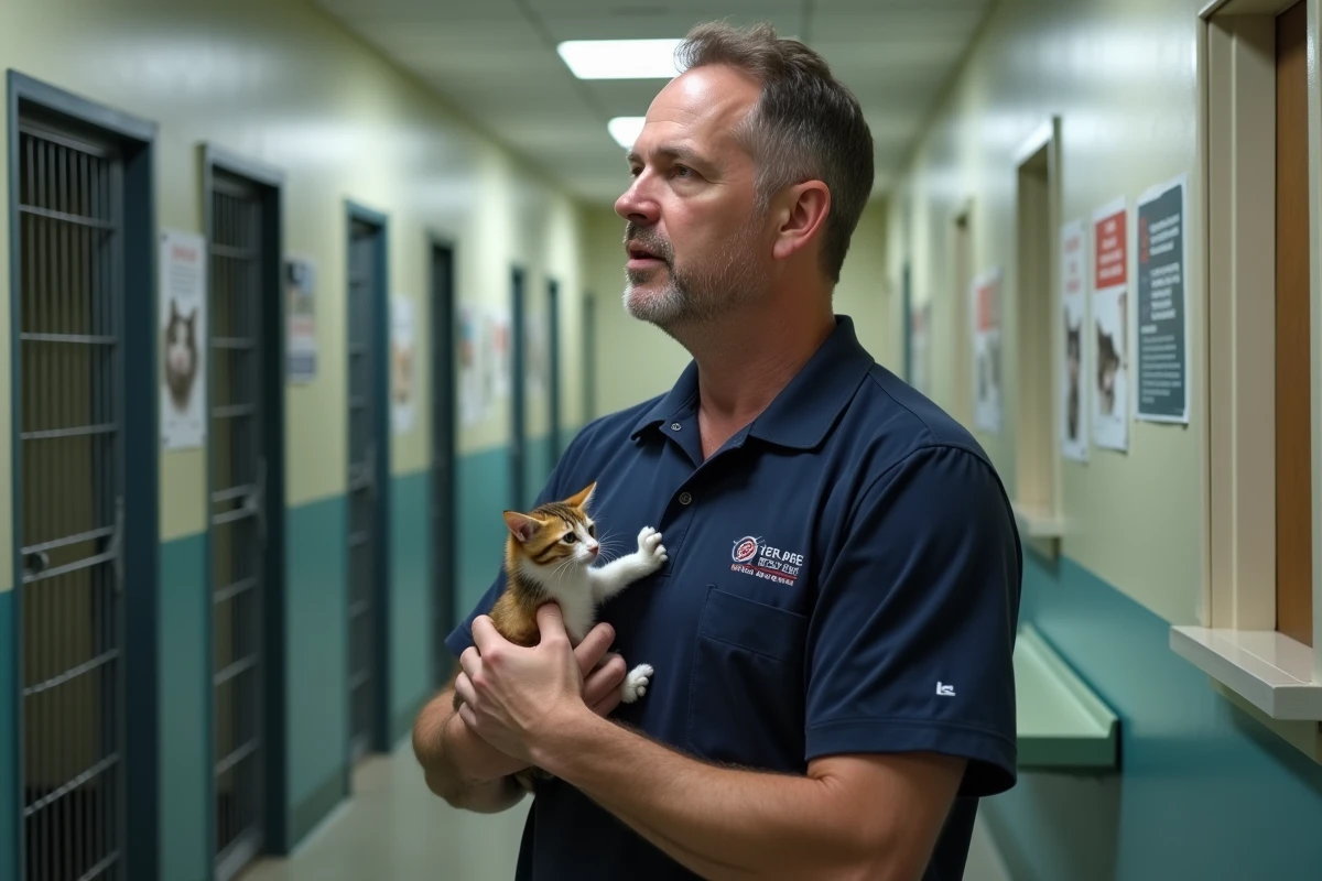 Bénévole de refuge tenant un chaton et répondant aux questions d'un futur adoptant