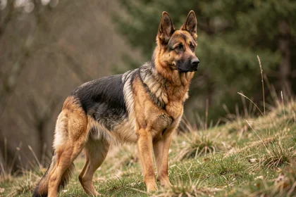 Berger Allemand classique au pelage brun et noir debout dans un pré, oreilles dressées, posture alerte et confiante