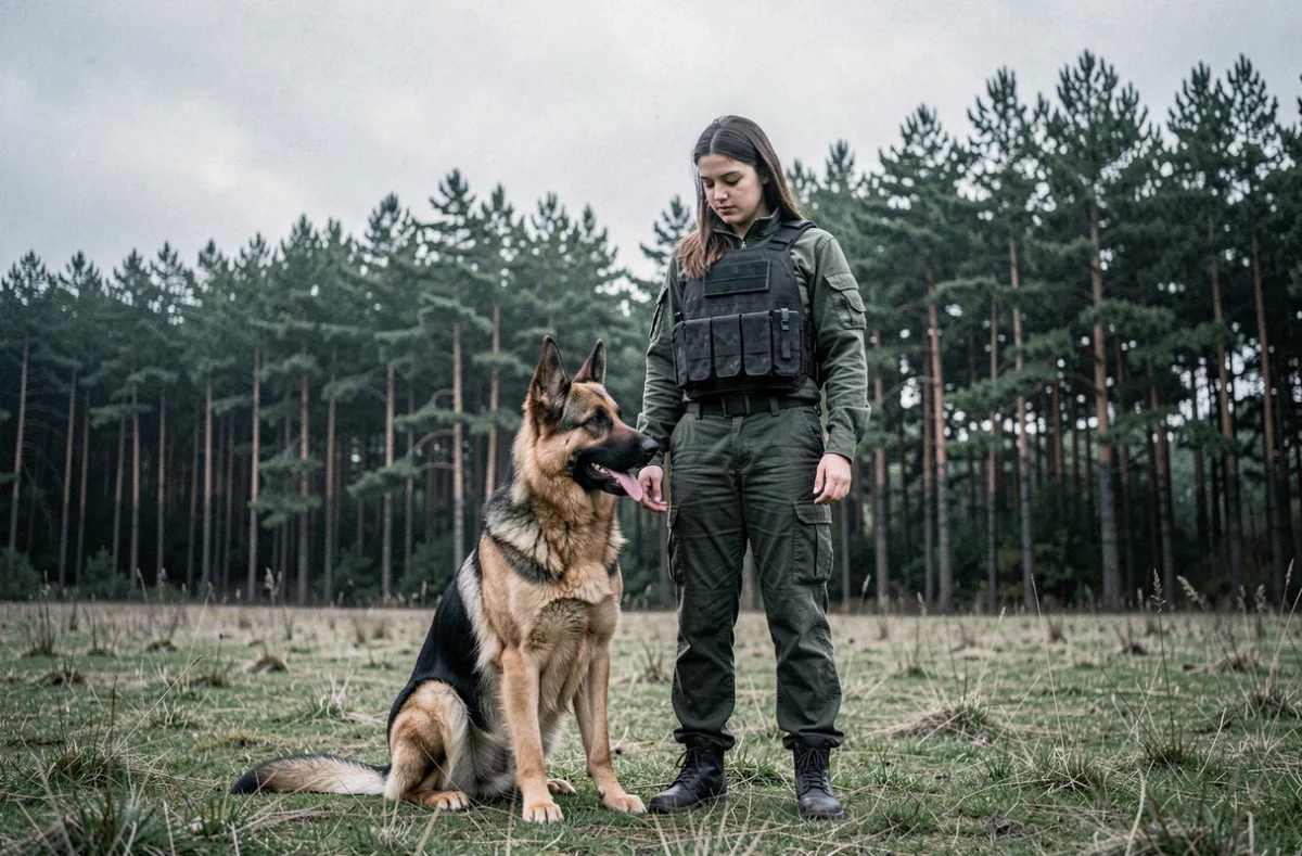Berger allemand discipliné aux côtés de sa maîtresse dans un champ en bordure de forêt