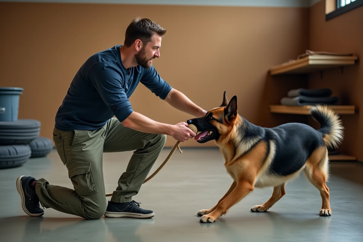 Berger allemand jouant au tir à la corde avec un maître-chien dans un centre d'entraînement canin, démontrant la pression de mâchoire lors du jeu