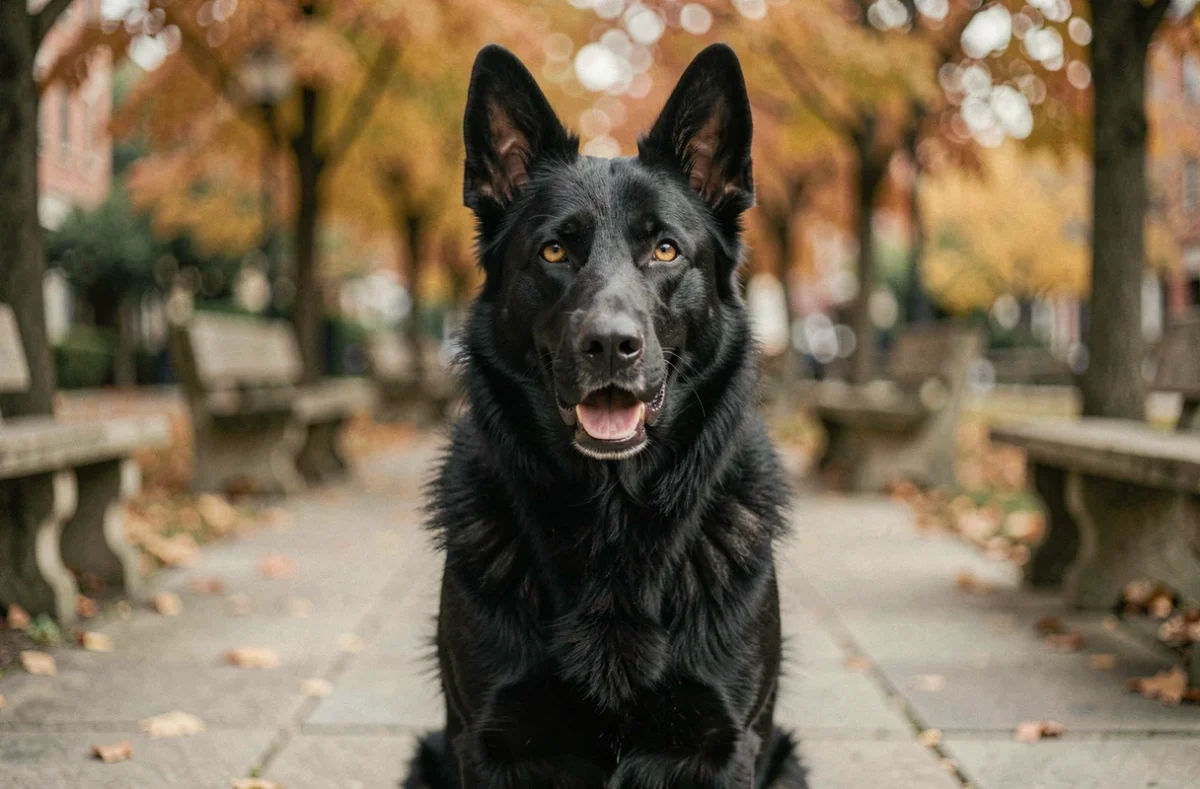 Berger Allemand noir à la robe uniformément noire assis dans un parc urbain, yeux ambres expressifs, regard intelligent