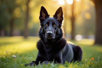 Chien berger allemand noir assis dans un parc ensoleille