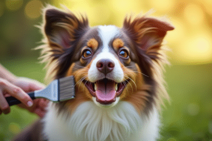Chien berger australien heureux being brossé en extérieur