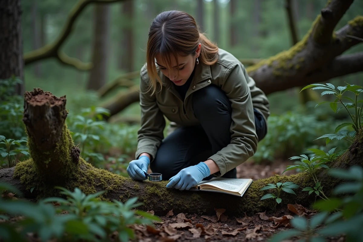 Biologiste de terrain examinant des crottes d'animaux nocturnes sur une bûche en forêt avec une loupe et un guide d'identification