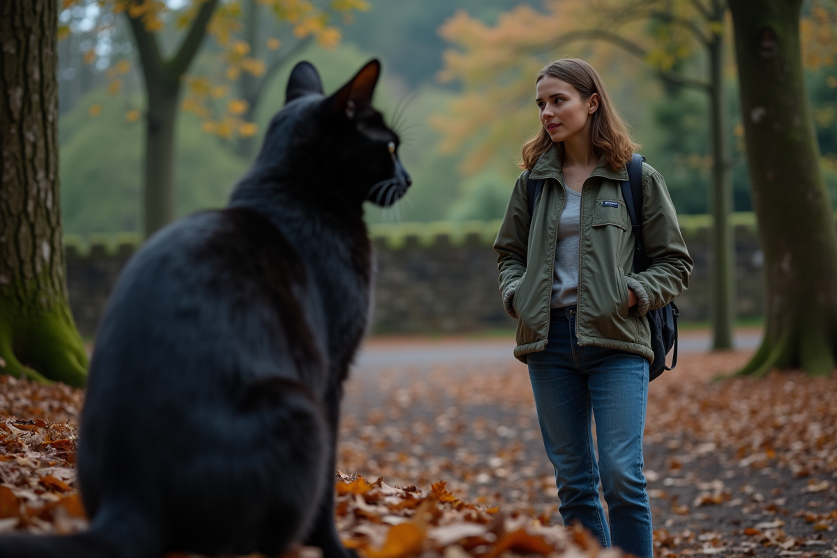 Jeune biologiste observant un chat noir à la tombée de la nuit