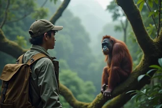 Jeune biologiste observant un orangutan dans la forêt tropicale