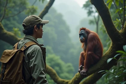Jeune biologiste observant un orangutan dans la forêt tropicale