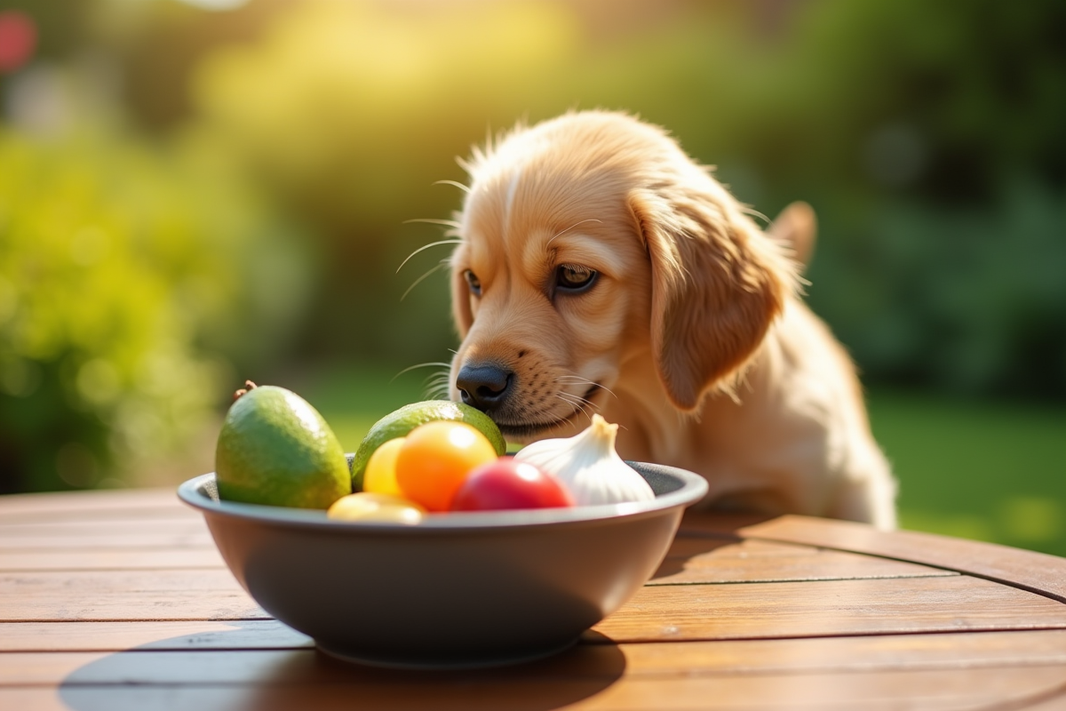 Chien regardant un bol de légumes interdits pour chiens