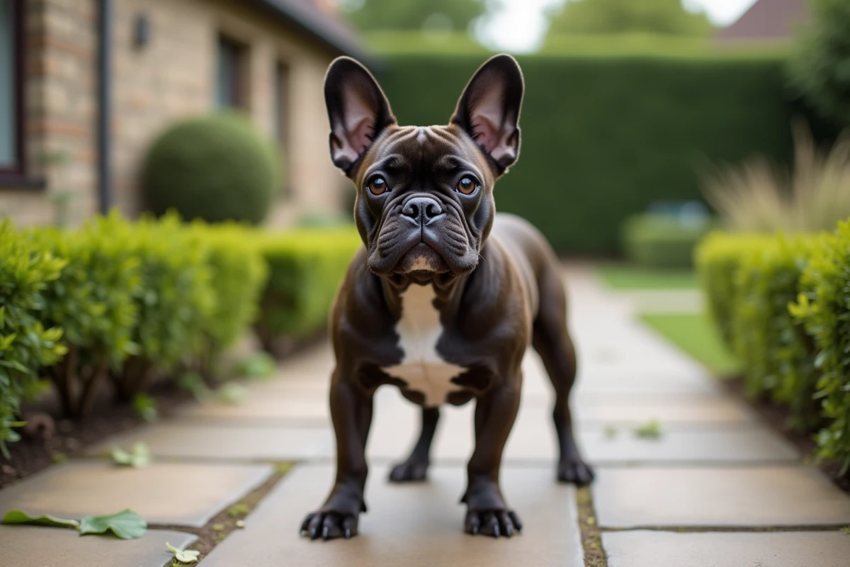 Bouledogue français classique à poil court debout sur un chemin de pierre dans un jardin, mettant en valeur la morphologie et le pelage lisse typique de la race standard