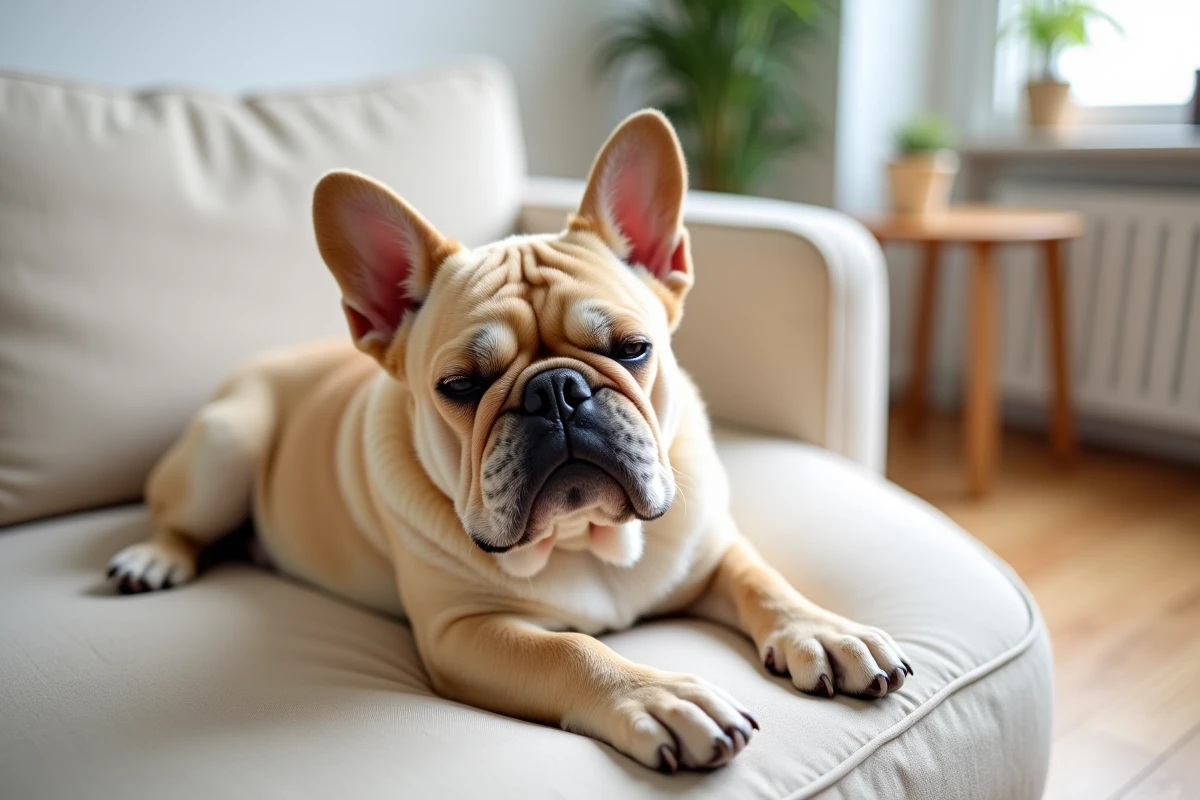 Bouledogue français à poils longs allongé sur un canapé en lin beige, montrant clairement le pelage soyeux et les franges caractéristiques de la variété à poil long