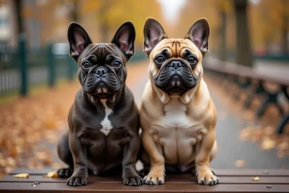 Bouledogue français classique à poil court et bouledogue à poils longs assis côte à côte dans un parc en automne, illustrant les différences de pelage
