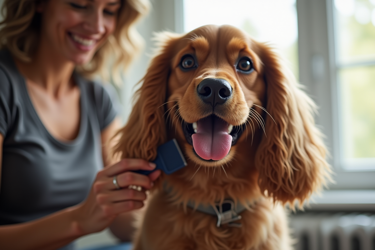 Propriétaire brossant doucement un Cocker Spaniel à la maison