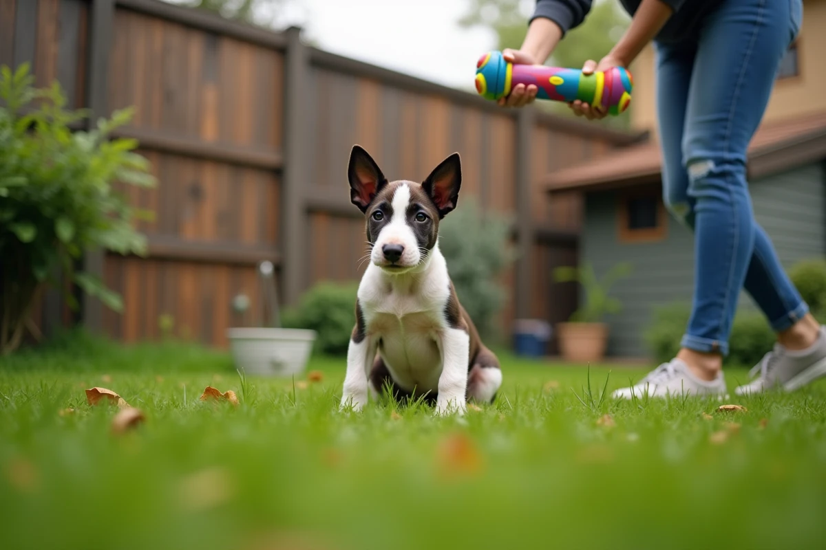 Chiot Bull Terrier de 12 semaines dans un jardin vert