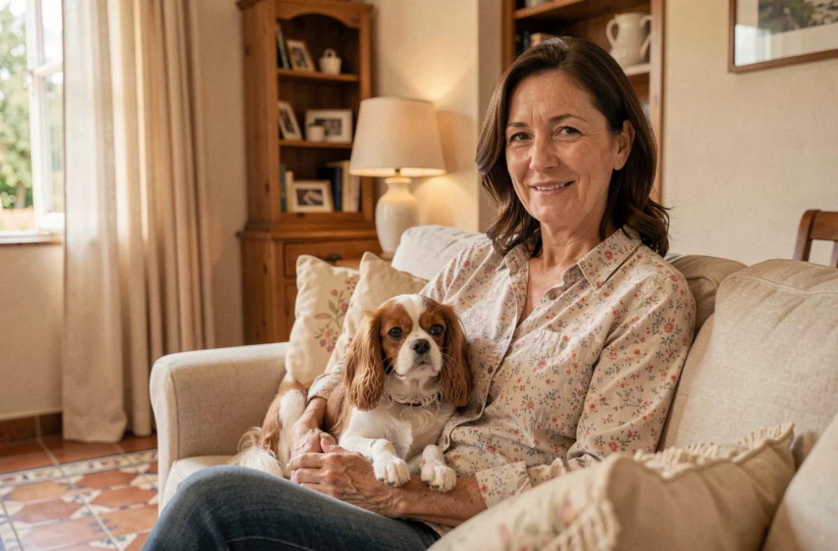 Garde familiale à domicile avec un petit chien sur les genoux d'une femme dans les Bouches-du-Rhône