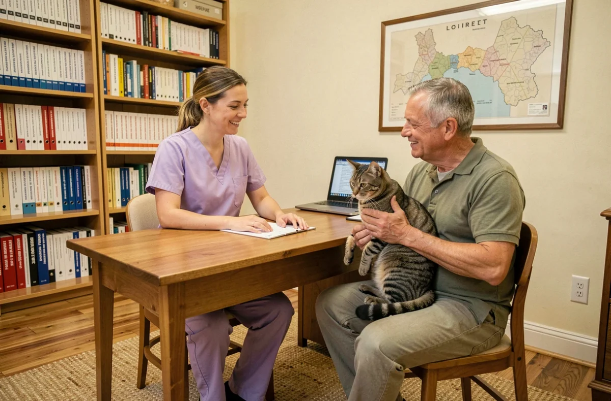 Vétérinaire en consultation avec un propriétaire et son chat dans le cadre intimiste du Cabinet Vétérinaire des Coutures dans le Loiret