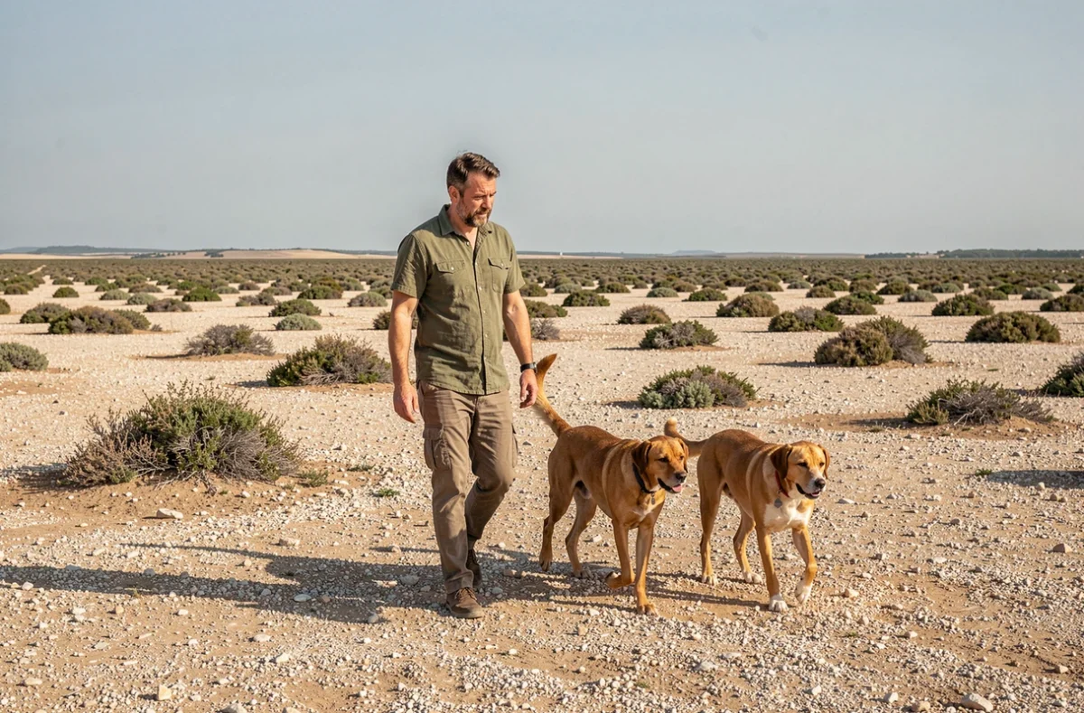 Soigneur promenant deux chiens dans la plaine de Crau, cadre de la pension Cani's Crau